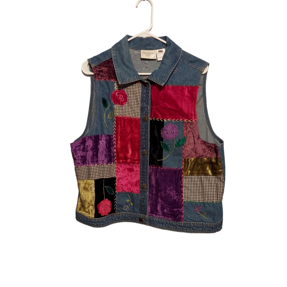 Vintage Patchwork Velvet & Denim Vest in Blue, Pink, Purple, Gold